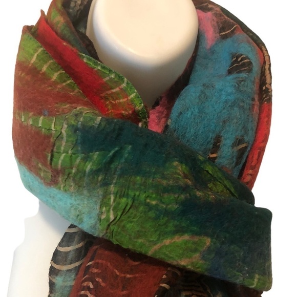 Nepal Artsy Colorful Felted Merino Wool Silk Long Scarf  74X12 Winter - Picture 2 of 12